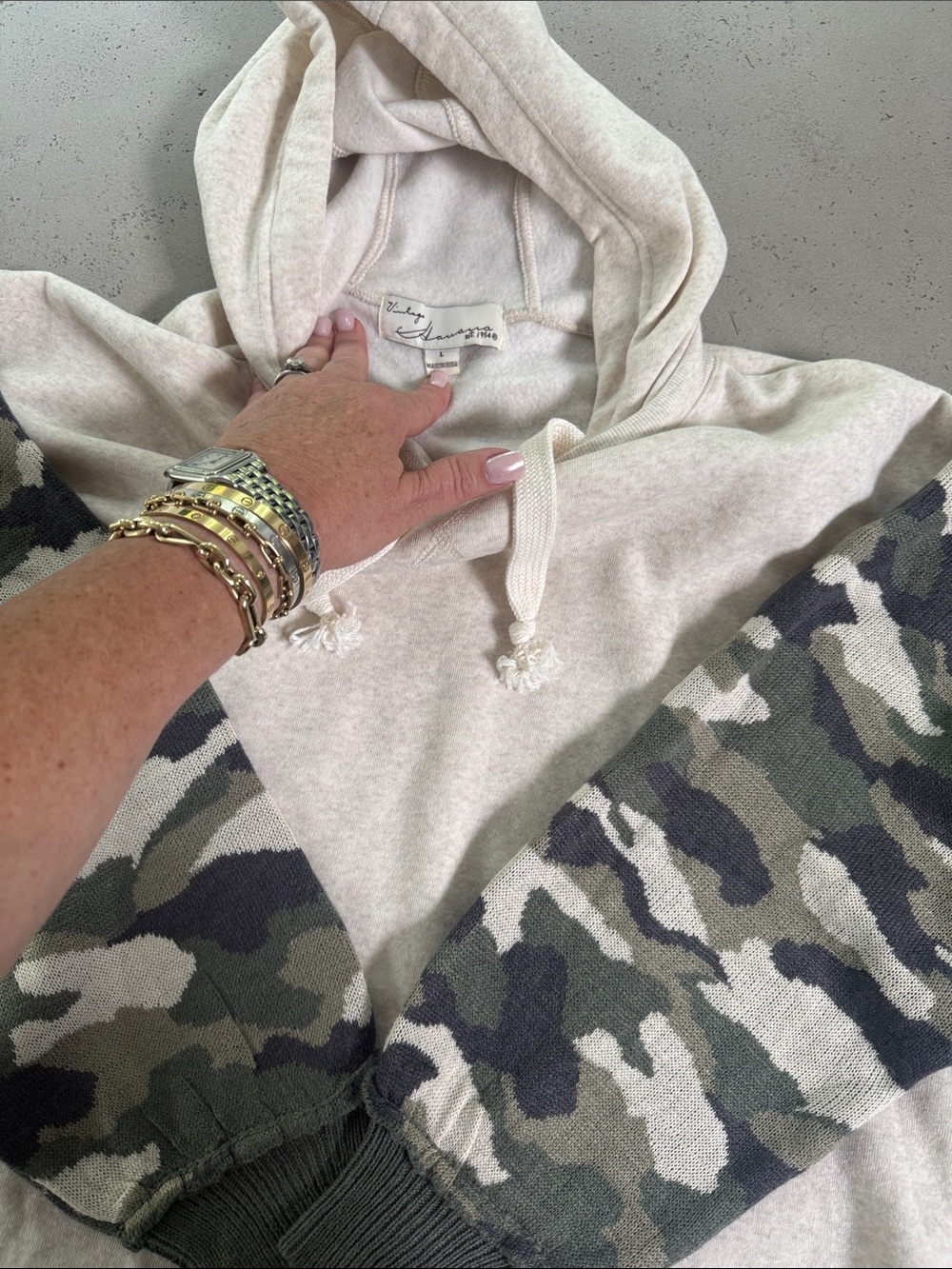 Vintage Havana Cream Pullover Hoodie with Olive Camouflage Sleeves